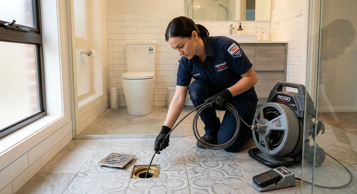 Technician clearing a bathroom floor drain for Drain Cleaning in Interlaken